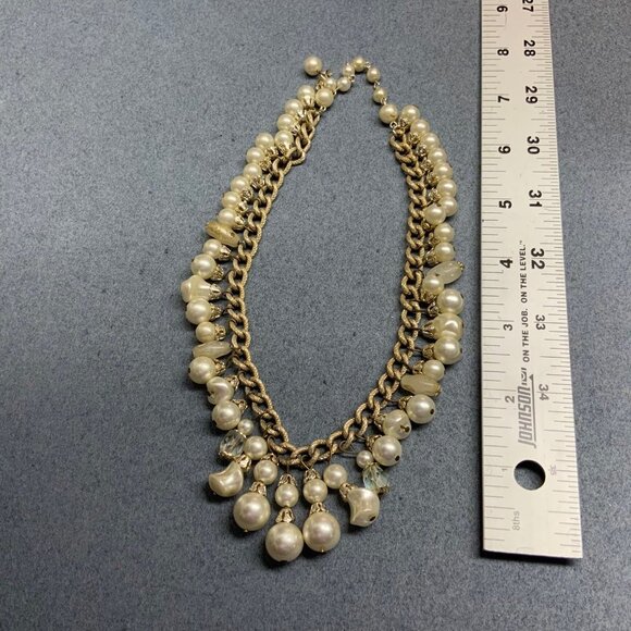 Retro Chunky Statement Necklace 14 In Textured Gold Chain Pearl Organic Round - Picture 6 of 6